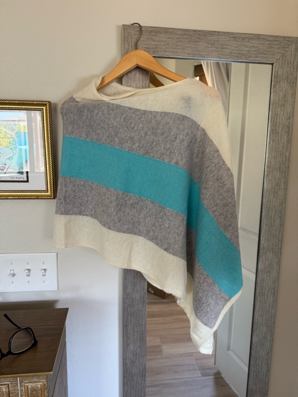 Striped Cashmere Poncho in Cream, Gray & Teal